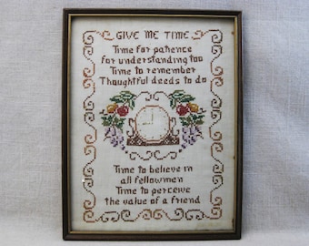 Hand Embroidery Cross Stitch, Framed Wall Art Vintage Textiles Rustic Cabin Home Décor