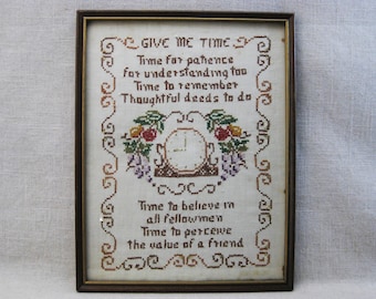 Vintage Hand Embroidery Cross Stitch Framed Textiles Rustic Cabin Wall Décor