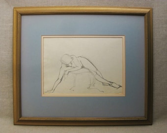 Vintage Female Nude  Portrait Drawing Framed Original Fine Art Wall Décor