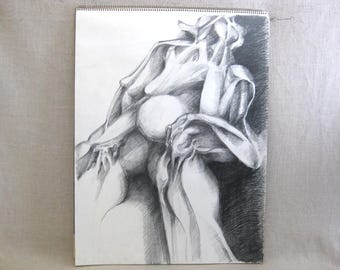 Contemporary Female Portrait Drawing, Original UNFramed Vintage Wall Art, Sara Drower, Home Décor
