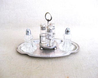 Dining Table Cruet Set, Cut Glass and Silver Plate Serving Tray and Entertaining Formal Décor