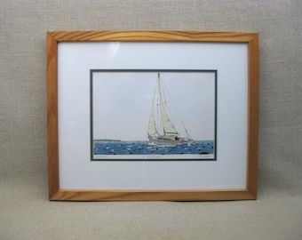 Sailboat Etching Framed, Vintage Nautical Wall Art, Beach House Home Décor, Signed John Collette