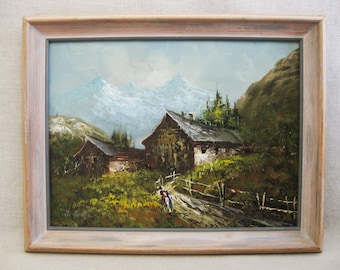 Vintage Mountain Landscape Painting Alpine Scene Framed Original Fine Art Rustic Cabin and Farm Décor