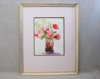 Vintage Floral Still Life Watercolor Painting Flower Wall Art Framed Original Fine Art Decor Gift for Her