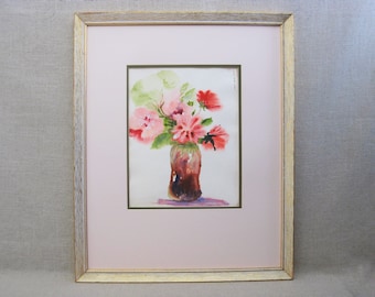 Pink Floral Still Life Watercolor Painting, Original Framed Flower Wall Art, Vintage Home Décor Gift for Her