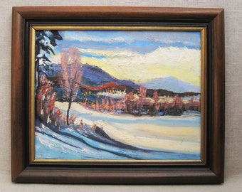 Winter Vintage Landscape Painting Framed Mid-Century Original Fine Art Rustic Cabin and Farm Décor