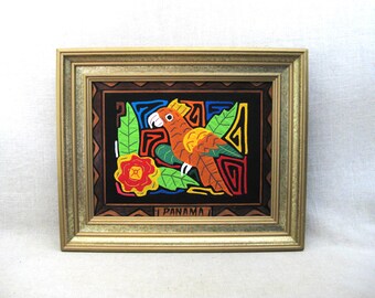 Colorful Mola Parrot, Framed Folk Wall Art, Vintage Textile Fiber Wall Hanging South American Décor