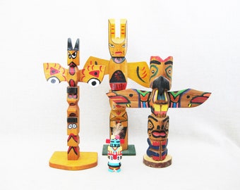 Vintage Totem Poles Indigenous Sculpture, Folk Art Collection Wooden Americana, Hand Carved Statue Rustic Cabin Home Décor