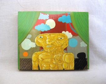 Surreal Alien Male Portrait Painting, Original on Wood Panel