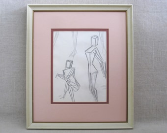 Modern Female Portrait Abstract Drawing, Original Pencil on Paper Framed Wall Art Hilda Wilson Chicago Artist