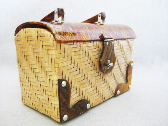 Vintage Lucite and Rattan Handbag Small Basket Pu… - image 2