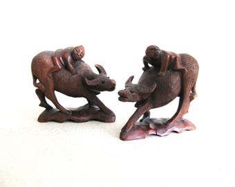 Asian Folk Art Water Buffalo Carving Sculptures, Vintage Hand Carved Animal Figurine Rustic Cabin Décor