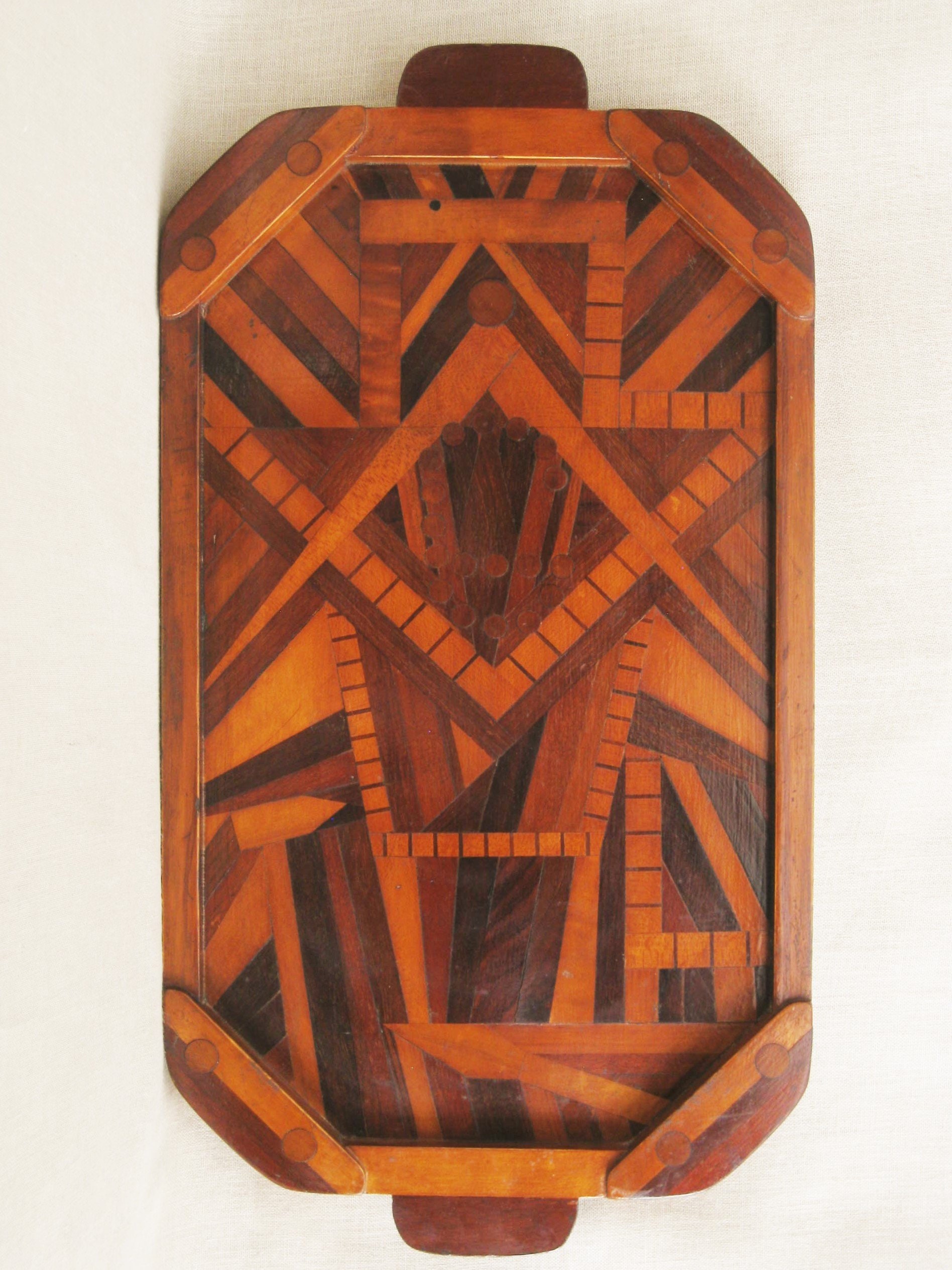 Antique Folk Art Marquetry Wooden Serving Tray, Large, Free Mason, Handmade, Wall Decor