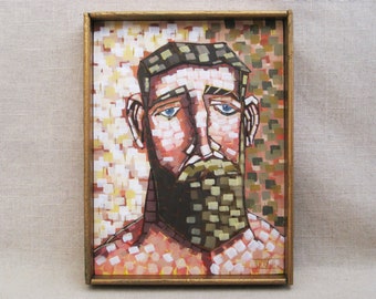 Abstract Male Portrait Painting Man with Beard Original Fine Wall Art on Wooden Panel Wall Décor Housewarming Gift