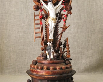 Antique Religious Folk Art, Crucifix, Arma Christi, Hand Carved Sculpture, Rustic Primitive Statue