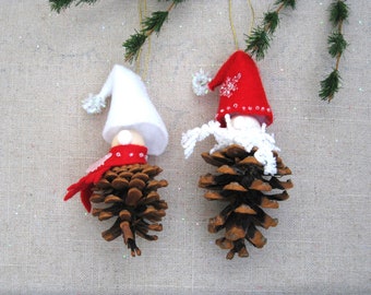 Folky Gnome Tree Ornament, Pinecone Christmas Holiday Decoration Woodland Elves, Mantle and Wreath