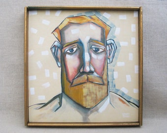 Contemporary Portrait Painting of Men, Framed Original Wall Art on Wooden Panel Masculine Home Décor