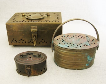 Asian Brass Cricket Box Collection, Vintage Vanity and Office Storage and Organization Chinoiseries
