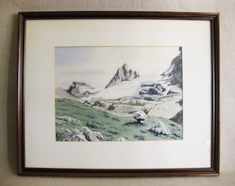 Framed Winter Mountain Landscape, Original Watercolor Painting, Signed M Young, Vintage Rustic Cabin Mountain Décor