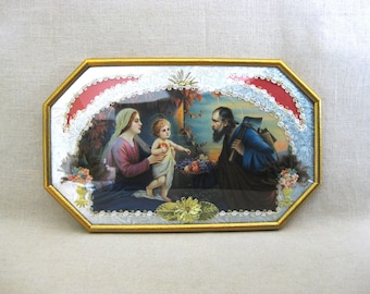 Devotional Religious Antique Framed Wall Hanging, Convex Bubble Glass Home Altar Décor