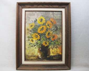 Vintage Floral Still Life Sunflower Painting Framed Original Wall Art in Rustic Farmhouse Home Décor