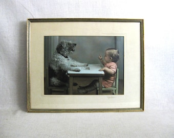 Vintage Male Child Portrait with Dog, Vernacular Photograph, Framed Mid-Century Nursery