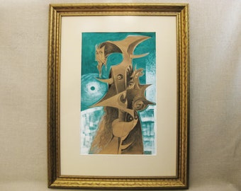 RESERVED - Vintage Surreal Figural Abstract Original Painting, Gouache on Paper Framed Fine Art Wall Decor