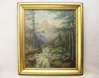 Hudson River School Style Landscape, Original Antique Oil Painting, Gold Framed Wall Art Wedding Gift