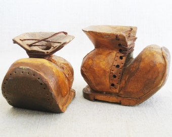 Vintage Wooden Shoe, Folk Art Carving, Miniature Boot Sculpture, Primitive Rustic Decor