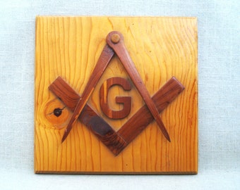 Vintage Freemason Folk Art Wood Plaque, Caliper, Fraternal Society, Masons