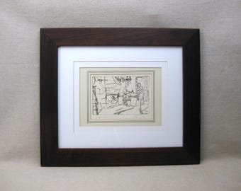 Framed Etching Male Portrait, Antique Wall Art Prints Original Rustic Vintage Home Décor Housewarming
