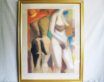 Large Colorful Female Portrait Nude Pastel Drawing, Framed Original Contemporary Wall Art