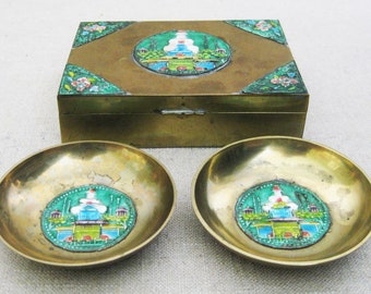 Brass Enamel Box and Dish Set, Desk Top Organization, Home Office Storage and Vintage Home Décor