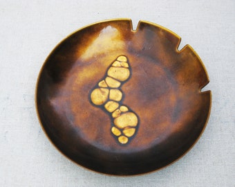 Mid-Century Copper Enamel Ashtray Earth Tone Metal Dresser Dish Masculine Home Décor