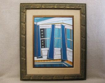 Original Abstract Painting Interior Architecture Framed in Vintage Ornate Wood Frame Wall Décor Art
