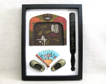 Vintage Asian Shadow Box Assemblage Japan Collectibles for Chinoiserie Wall Décor