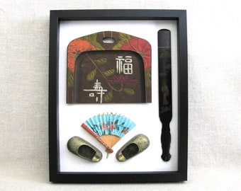 Asian Assemblage Art, Shadow Box Chinoiseries Display, Japan Collectibles Wall Décor
