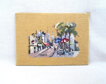Vintage Needlepoint Landscape, Paris Street Scene Embroidery, European Architecture France Unframed