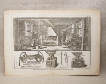 Vintage Engraving, Robert Bernard, European Prints, Blacksmith, Marechal Ferrant, 18th Century