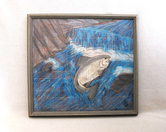 Folk Art Fishing Theme Wall Art, Vintage Carved Wooden Panel, Man Cave and Lake House Wall Art
