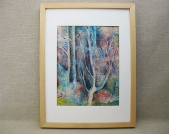 Woodland Landscape Painting, Original Watercolor, Framed Nature Wall Art, Vintage Modern Home Décor