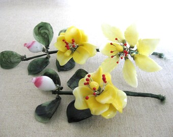 Yellow Glass Flowers on Stem, Floral Supplies, Vintage Arts and Craft, Assemblage