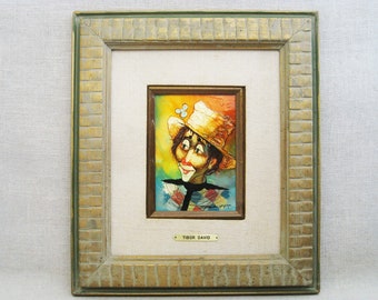 Male Clown Portrait Painting, Original Tibor David Framed Wall Art, Colorful Vintage Circus Theme Home Décor