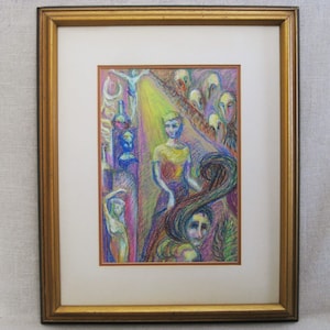 Colorful Surreal Female Portrait Drawing Original Mid-Century Pastel Chalk Framed Wall Art, Hilda Wilson