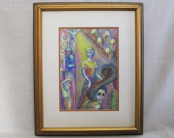 Colorful Surreal Female Portrait Drawing Original Mid-Century Pastel Chalk Framed Wall Art, Hilda Wilson