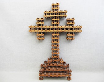 Religious Tramp Folk Art Standing Cross, Crown of Thorns, Vintage Altar Home Décor Gift