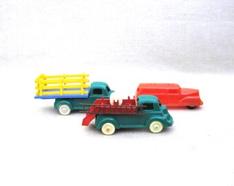 Vintage Toy Truck Mid-Century Plastic Banner and Renwal Service Vehicles, Christmas Village and Man Cave Décor