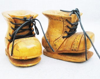 Vintage Wood Shoe Folk Art Miniature Boot Carving Sculpture Pair Primitive Rustic Décor Hostess Gift