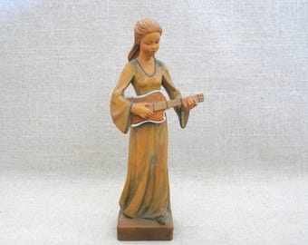 Carved Wooden Female Figurine Sculpture, Vintage Guitar Player Mid-Century Home Décor