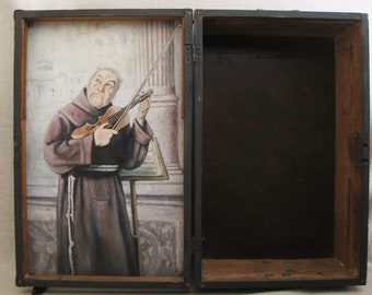 Vintage Male Portrait Painting in Wooden Trunk with Interior Folk Art Wood Storage Case Large Box with Original Fine Art